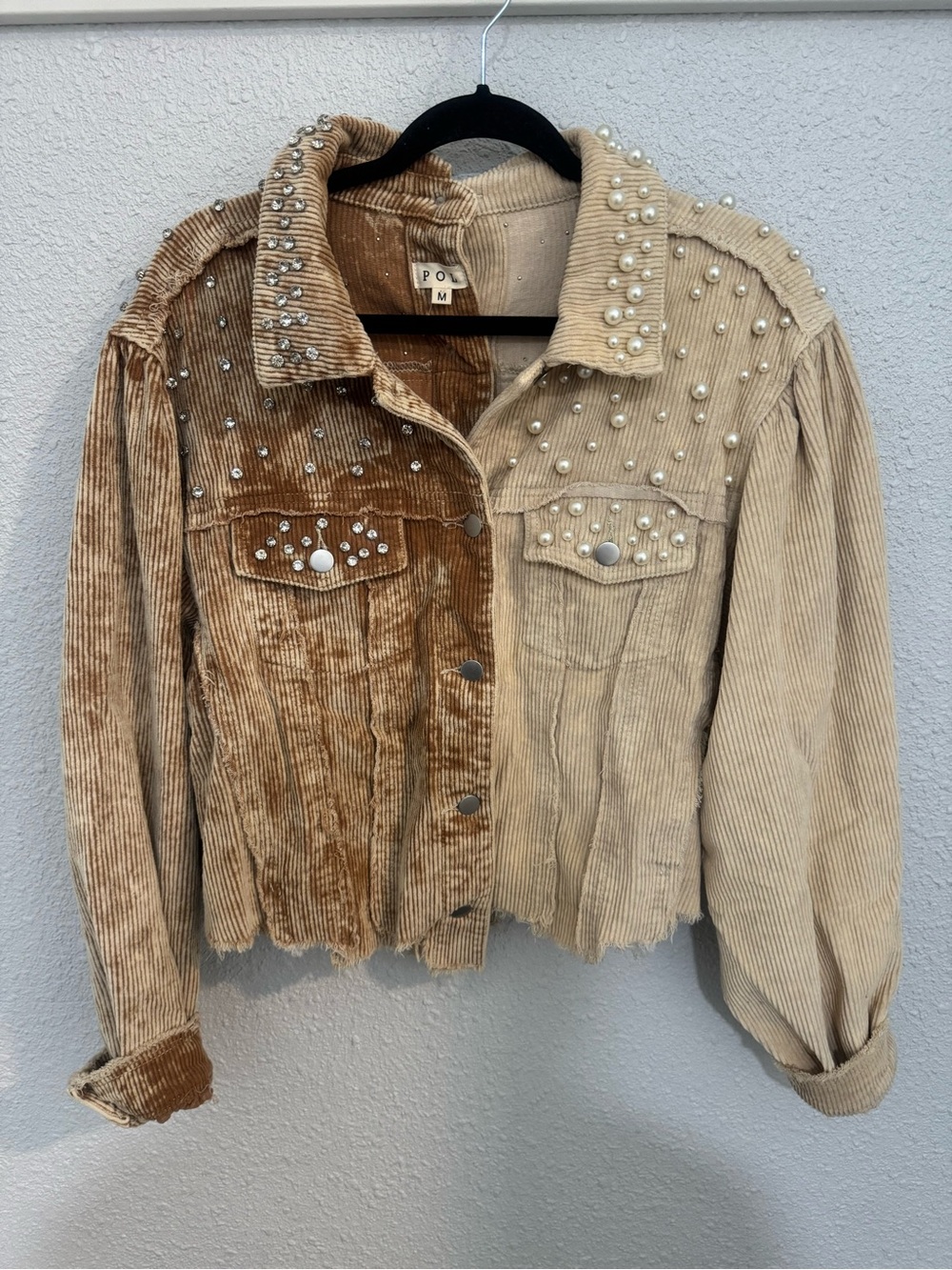 POL Pearl & Diamond Embellished Two-Tone Corduroy Jacket